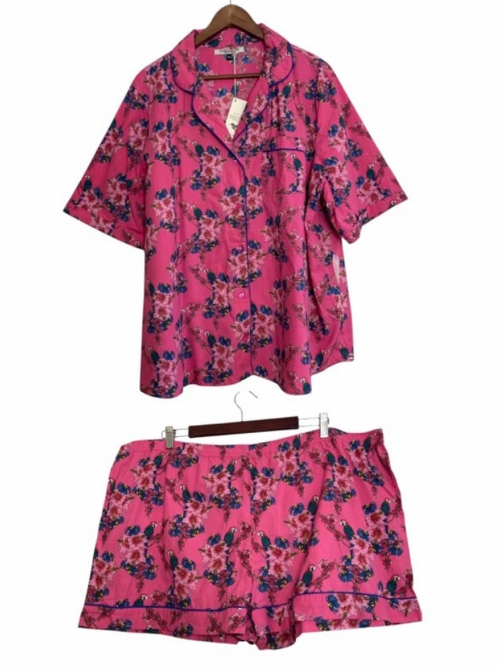 New Their Nibs PJs Womens XXL Pink Cotton Parrots Shorts Top Summer Pajama Set